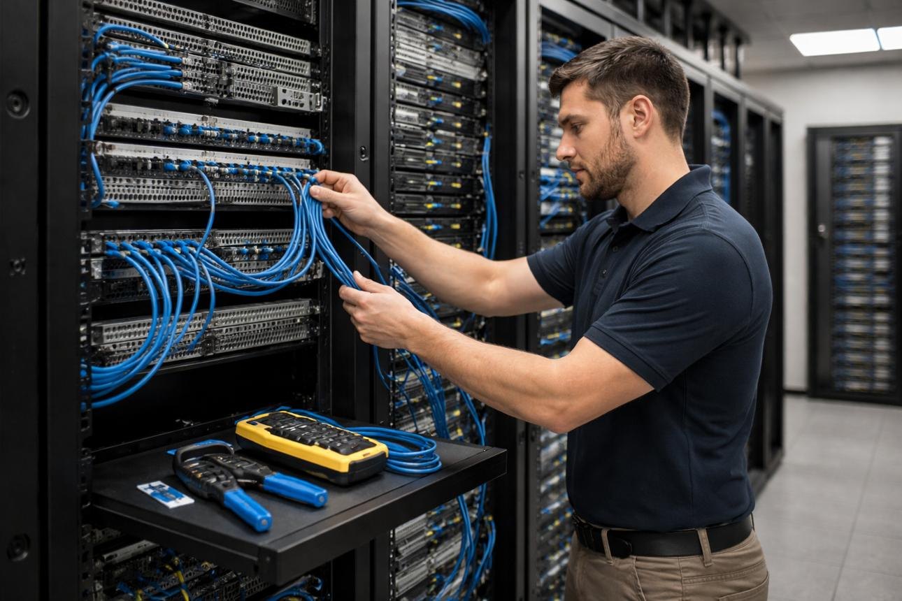 Smart Guard engineer patching a network cabinet