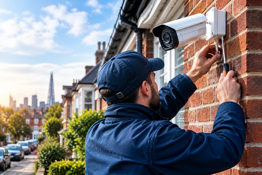 Security technician fitting a CCTV camera to a brick wall